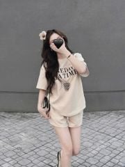 TQ4027-Set thun áo in chữ, quần short Kem
