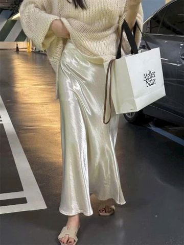 LEN0886-Chân váy lụa Kem