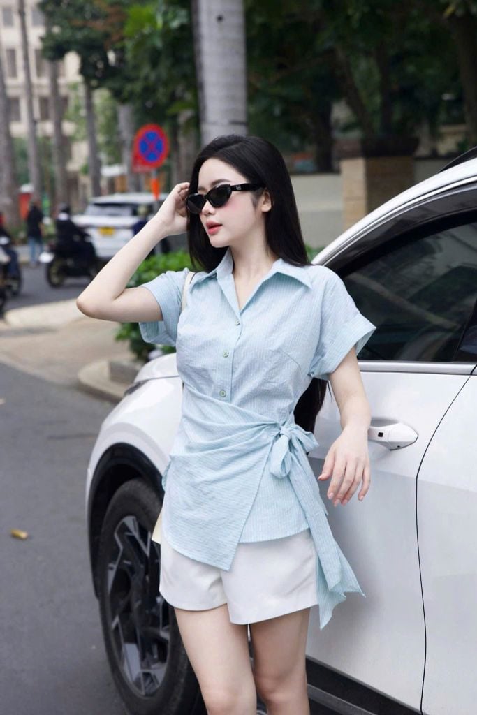 TQ4036 SET ÁO SƠMI XANH NƠ EO, QUẦN SHORT