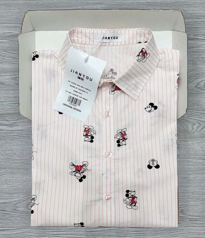 TB7825-Đầm sơ mi suông micky sọc Hồng
