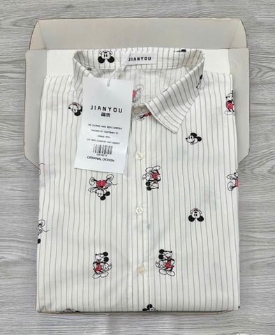 TB7827-Đầm sơ mi suông micky sọc Kem