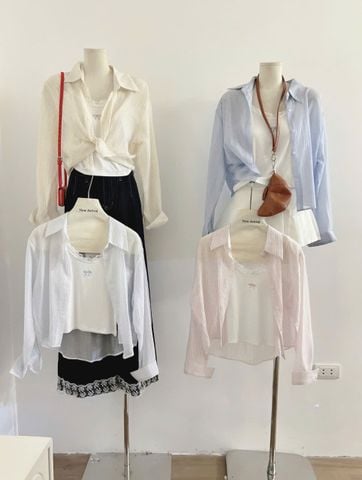LEN1127 SET ÁO SƠMI SỌC + ÁO DÂY THÊU NƠ (HỒNG)