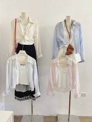 LEN1127 SET ÁO SƠMI SỌC + ÁO DÂY THÊU NƠ (HỒNG)
