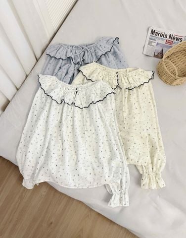 LEN1236 ÁO HOA NHÍ CỔ BÈO (TRẮNG)