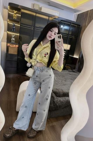 LEN1190-Quần Jean thêu họa tiết LV Xanh (quần lẻ)