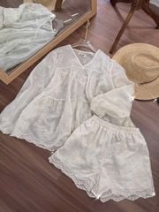LEN1342 SET TƠ THÊU NƠ, QUẦN SHORT (KEM)
