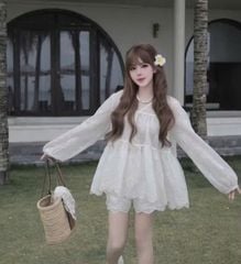 LEN1342 SET TƠ THÊU NƠ, QUẦN SHORT (KEM)