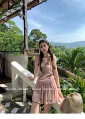 VGU9764 SET LEN ĐÍNH HOA + CHÂN VÁY ( HỒNG  )
