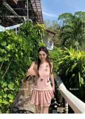 VGU9764 SET LEN ĐÍNH HOA + CHÂN VÁY ( HỒNG  )