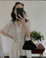 TQ4050-Set tơ thêu CC Kem ( áo cổ vest+áo thun 2dây+CV dài )