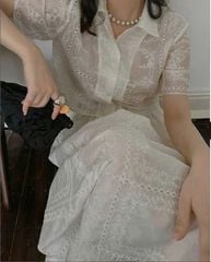 TQ4050-Set tơ thêu CC Kem ( áo cổ vest+áo thun 2dây+CV dài )