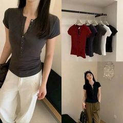 TB7843 ÁO THUN ĐÍNH NÚT ( ĐEN )