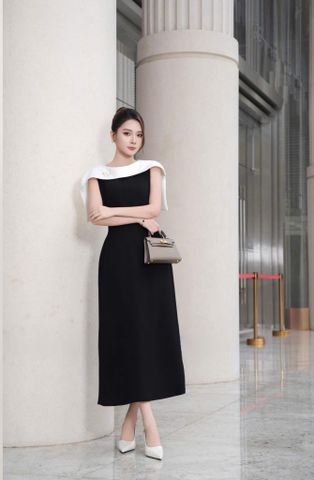 VGU9748 ĐẦM ĐEN CỔ CHOÀNG TAG BƯỚM