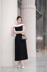 VGU9748 ĐẦM ĐEN CỔ CHOÀNG TAG BƯỚM