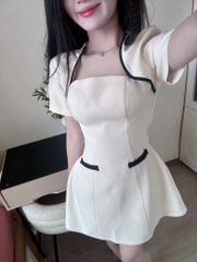 VRA0496-Đầm ngắn phối viền Kem