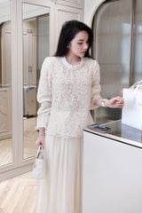LEN1441 SET ÁO REN CỔ NGỌC, CV TÙNG LƯỚI DÀI KEM