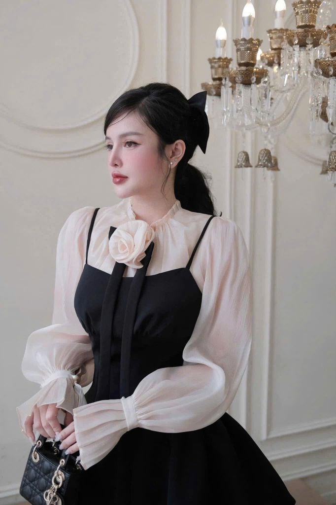 VGU9793 SET ÁO TƠ PHỐI HOA + ĐẦM YẾM