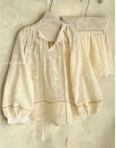 LEN1824 SET ÁO NƠ THÊU NỔI, QUẦN SHORT KEM
