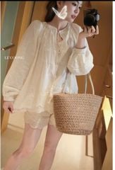 LEN1824 SET ÁO NƠ THÊU NỔI, QUẦN SHORT KEM