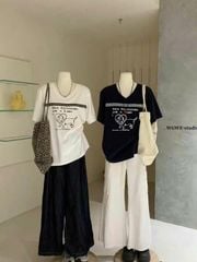 LEN1856-Áo thun cổ tim hình cún phối ren Trắng