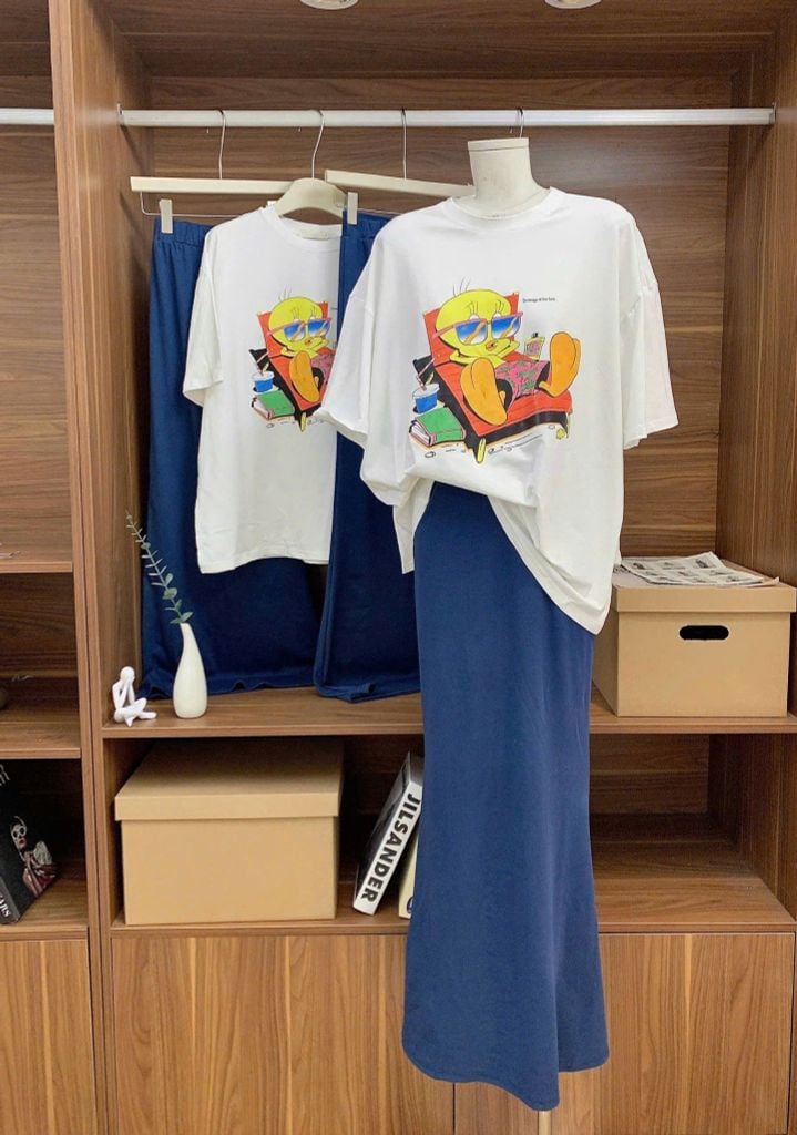 SKY7942-Set áo thun trắng in hình, CV dài Xanh