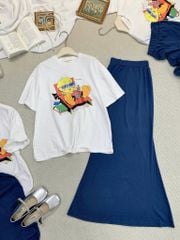 SKY7942-Set áo thun trắng in hình, CV dài Xanh