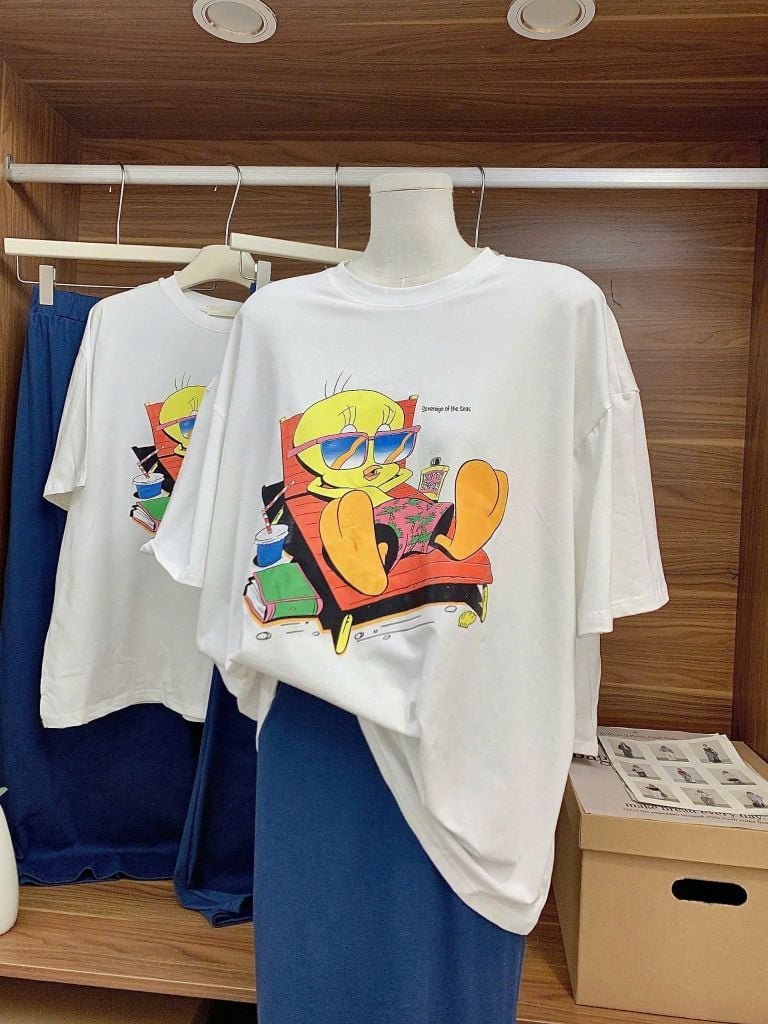 SKY7942-Set áo thun trắng in hình, CV dài Xanh