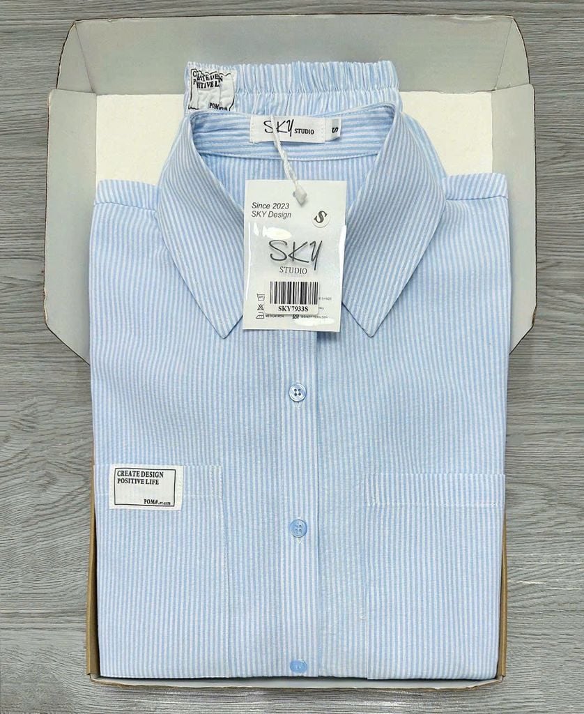 SKY7933 SET SƠMI THÊU TAG QUẦN SHORT (SỌC XANH)