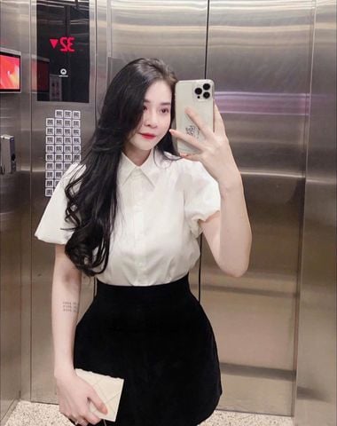 TQ4058-Set áo sơ mi trắng tay bí, CV ngắn Đen