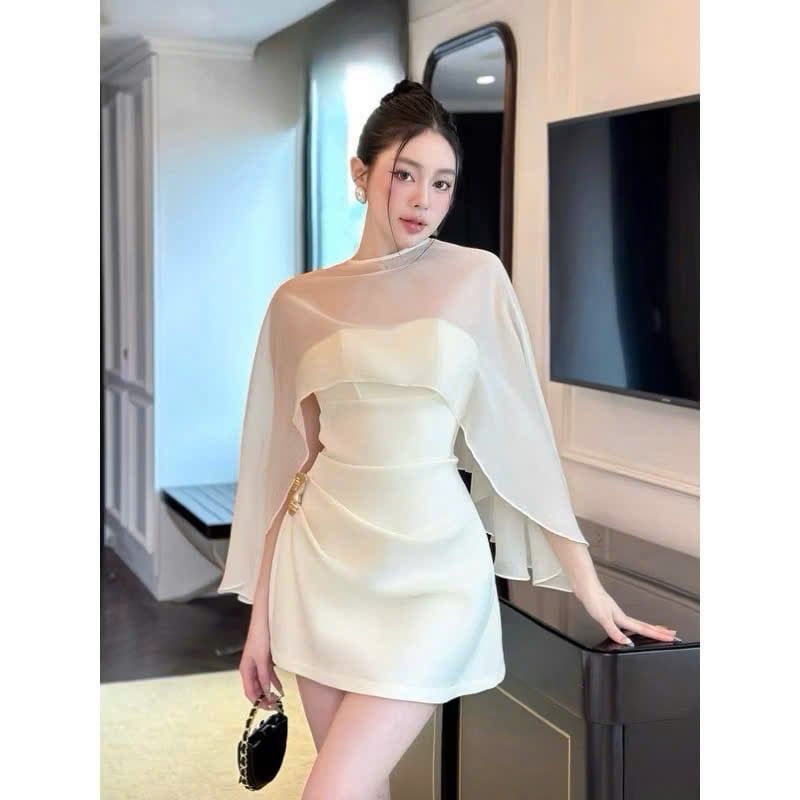 KS0515-Đầm 2 dây+ choàng kèm tag bướm Kem