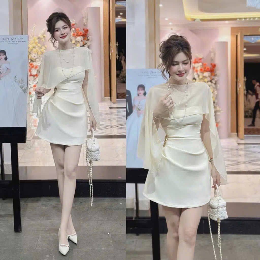 KS0515-Đầm 2 dây+ choàng kèm tag bướm Kem
