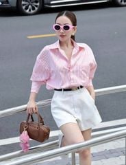 SKY7920 - Set Sơ Mi Sọc Hồng + Quần Short Trắng - Kèm Nịt