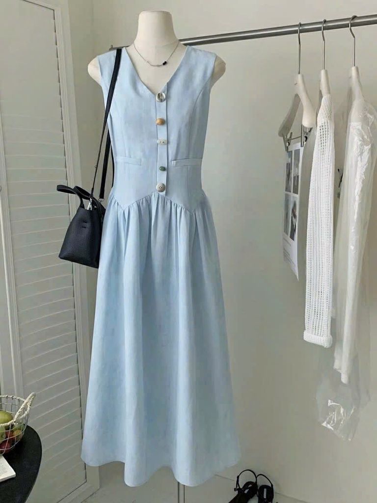 KS0527 - Đầm Phom Suông Phối Nút Kiểu Màu Xanh Dương