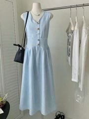 KS0527 - Đầm Phom Suông Phối Nút Kiểu Màu Xanh Dương