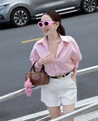 SKY7920 - Set Sơ Mi Sọc Hồng + Quần Short Trắng - Kèm Nịt