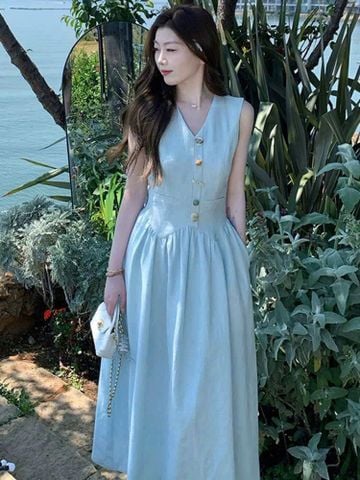 KS0527 - Đầm Phom Suông Phối Nút Kiểu Màu Xanh Dương