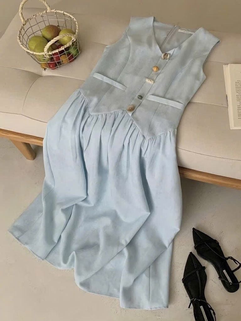KS0527 - Đầm Phom Suông Phối Nút Kiểu Màu Xanh Dương