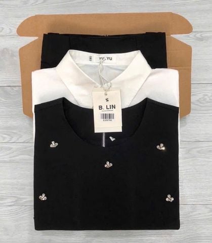 KS5070-Set 3 món CC ( áo sơ mi trắng, áo gile đính đá+CV dài đen)