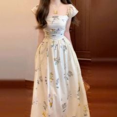 KS0535-Đầm hoa cổ vuông Kem