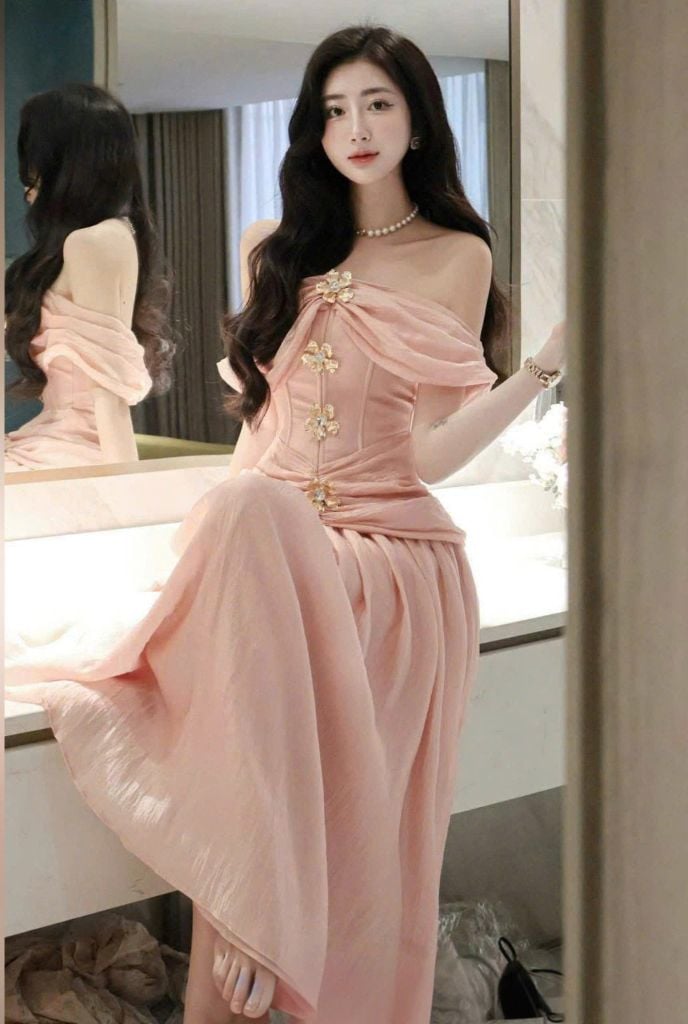 VGU9917 ĐẦM TK BẸT VAI TAG HOA (HỒNG)
