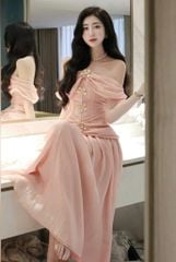 VGU9917 ĐẦM TK BẸT VAI TAG HOA (HỒNG)
