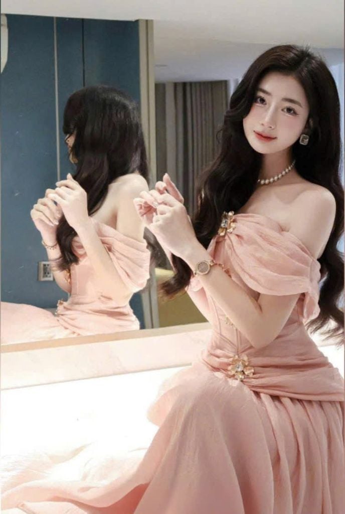 VGU9917 ĐẦM TK BẸT VAI TAG HOA (HỒNG)