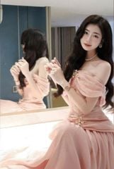 VGU9917 ĐẦM TK BẸT VAI TAG HOA (HỒNG)