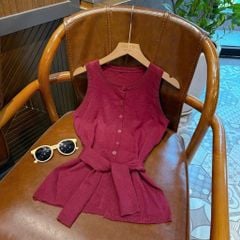 LEN2246 ÁO LEN SÁT NÁCH PHỐI KHĂN CỘT EO (ĐỎ)