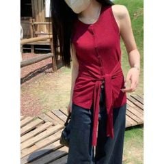 LEN2246 ÁO LEN SÁT NÁCH PHỐI KHĂN CỘT EO (ĐỎ)