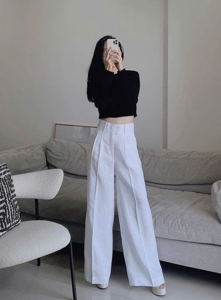 VRA0527-Set áo croptop tay dài đen, quần suông Trắng Kem