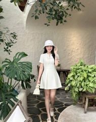 TB5715-Đầm ngắn cổ viền đá cột nơ Kem