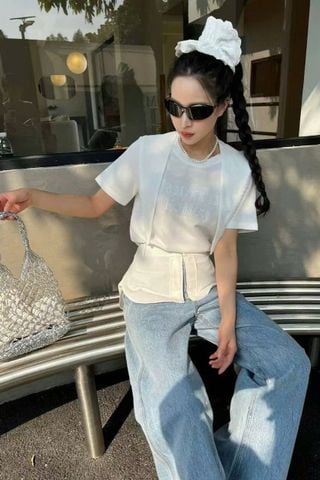 LEN2304 ÁO THUN THÊU CHỮ + CHOÀNG TAI THỎ (TRẮNG)