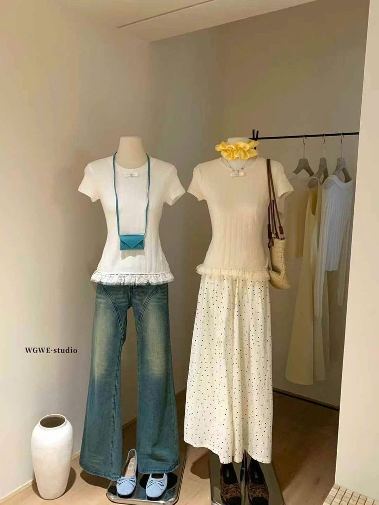 LEN2277 ÁO THUN NƠ PHỐI CHÂN REN (KEM)