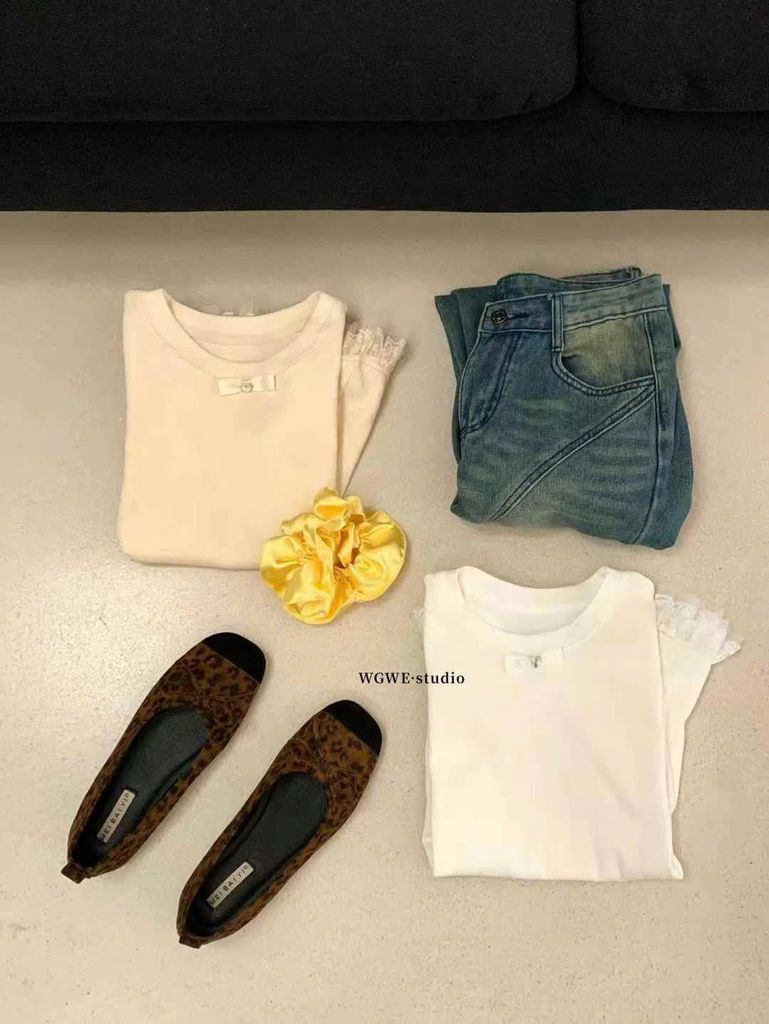 LEN2277 ÁO THUN NƠ PHỐI CHÂN REN (KEM)